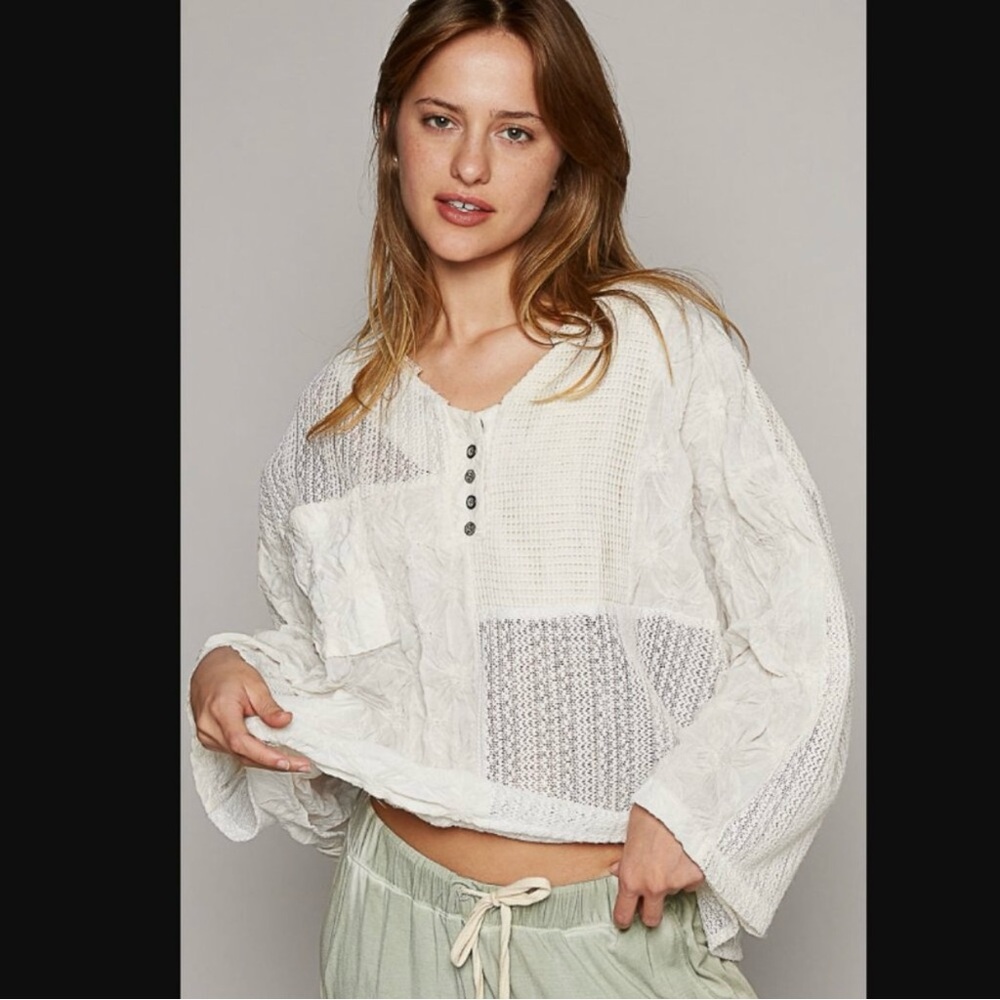 NEW - POL CreamCrochet and Lace Textured Top